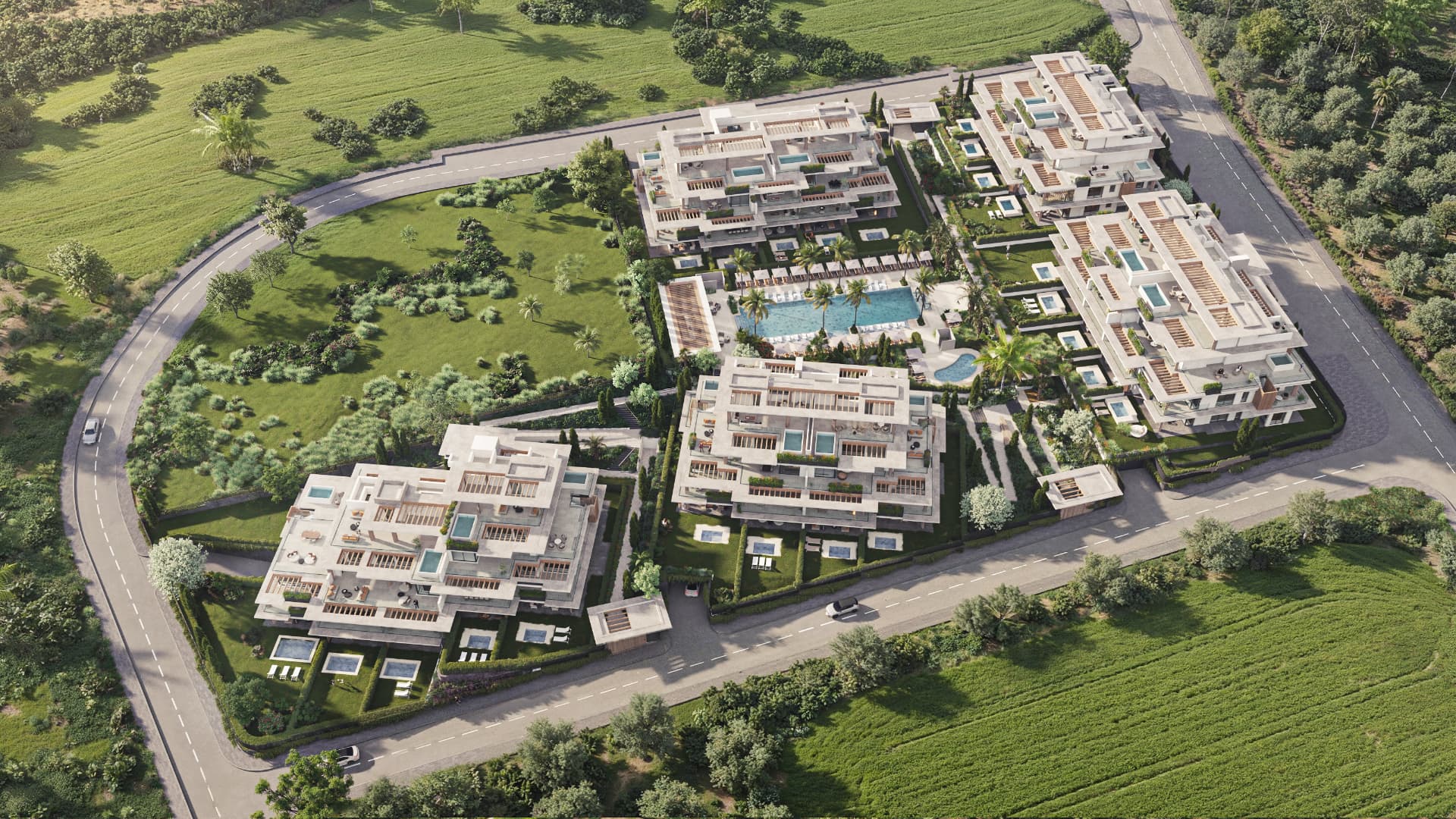Vista aérea del conjunto residencial entre jardines en Cancelada, Estepona