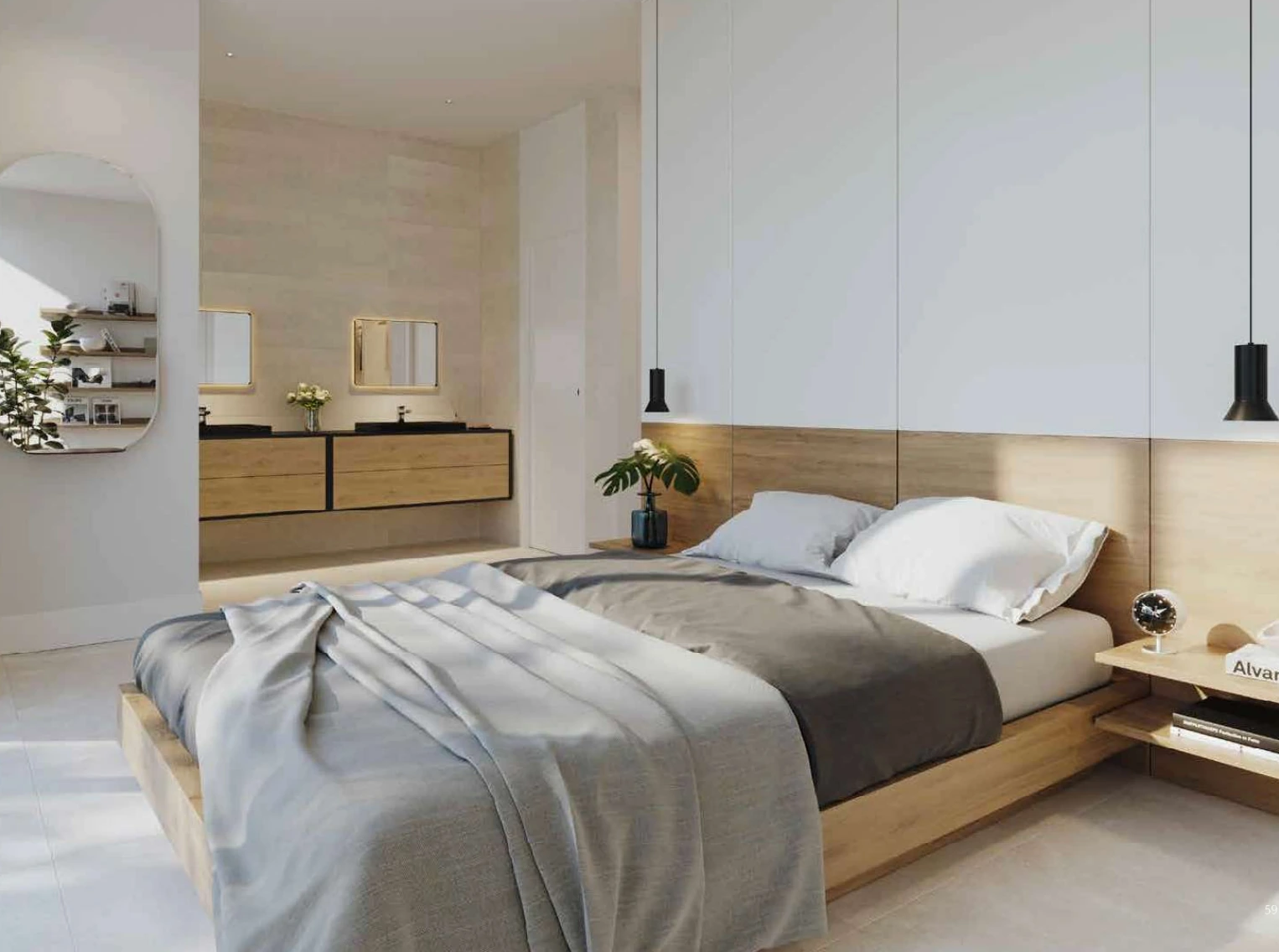 Dormitorio con cabecero de madera y luz natural
