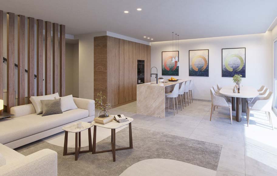 Salón y comedor de líneas cálidas abiertos a la terraza