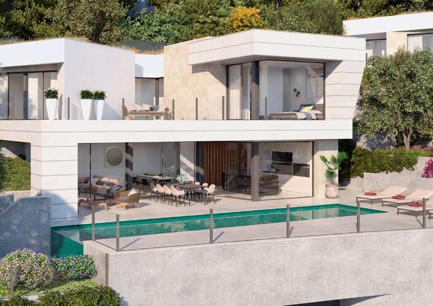 Fachada contemporánea con amplias terrazas y piscina