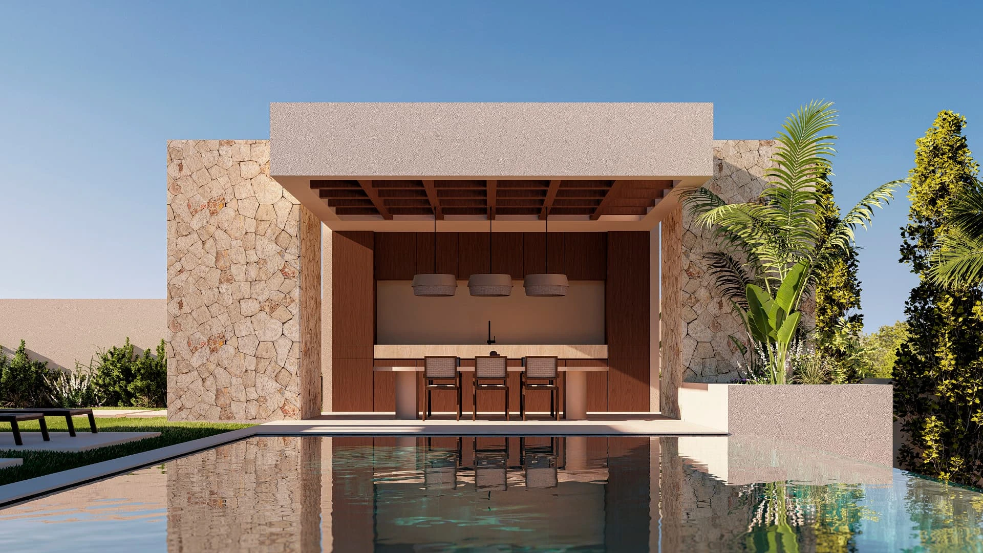 Porche exterior con cocina junto a la piscina
