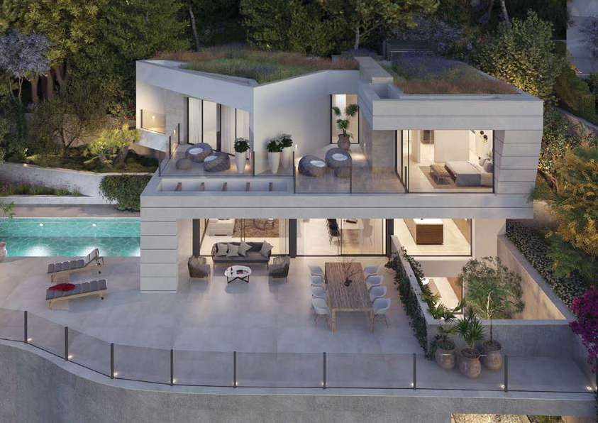 Arquitectura contemporánea iluminada al atardecer en San Antón