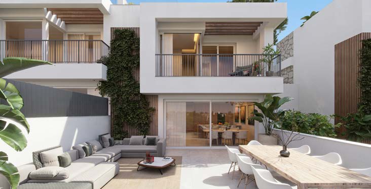 Fachada contemporánea con terraza y salón abierto al jardín