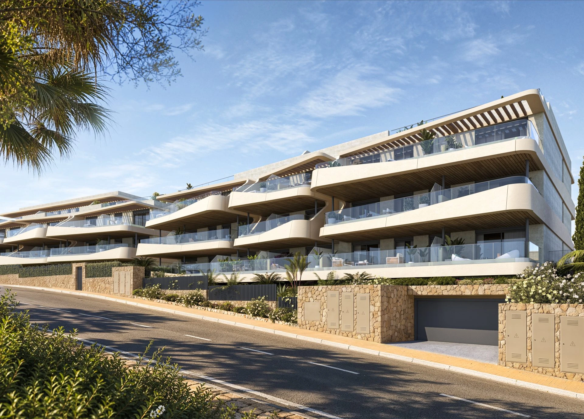 Arquitectura de baja altura y terrazas curvas