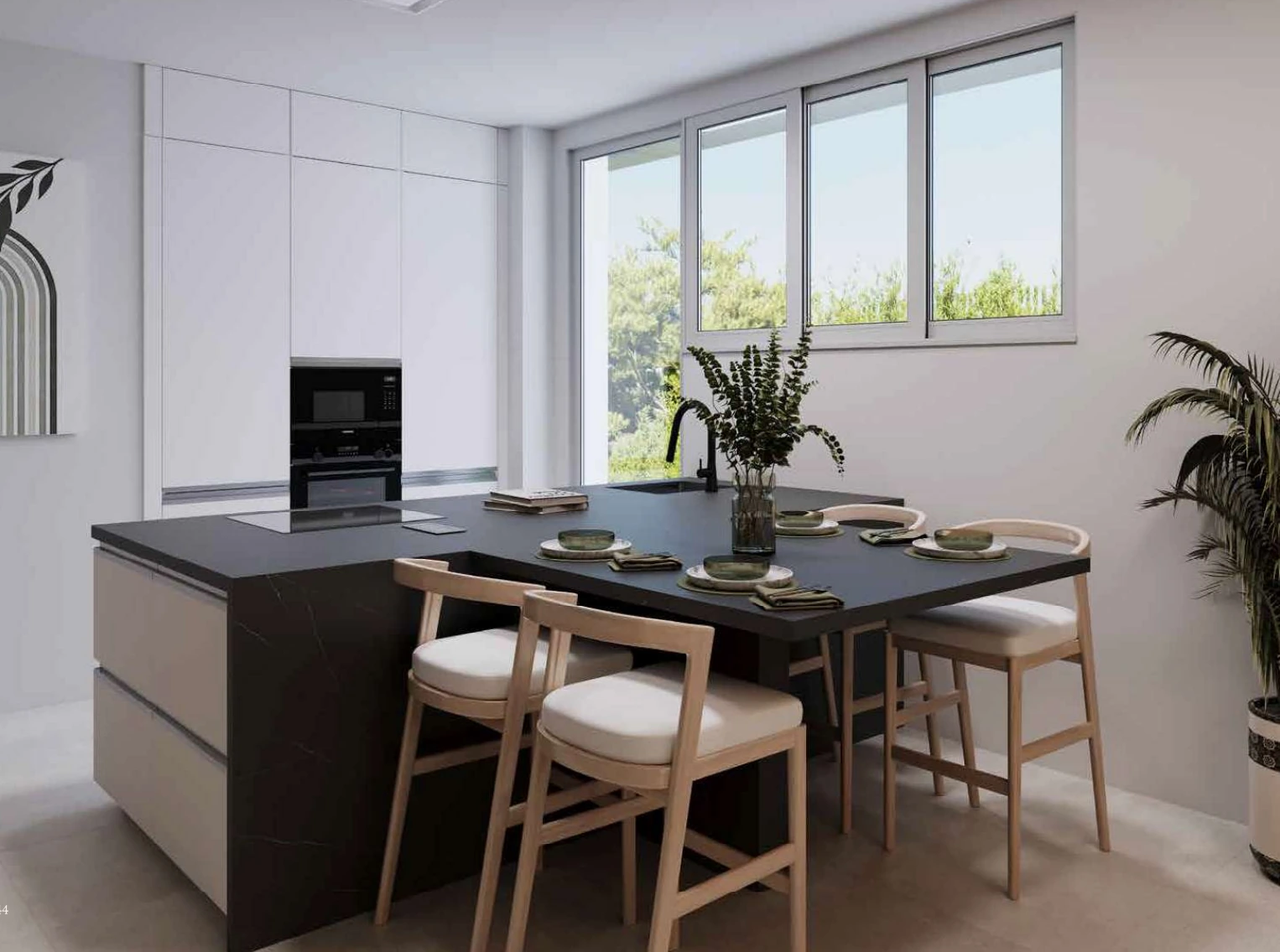 Cocina equipada con isla y comedor integrado