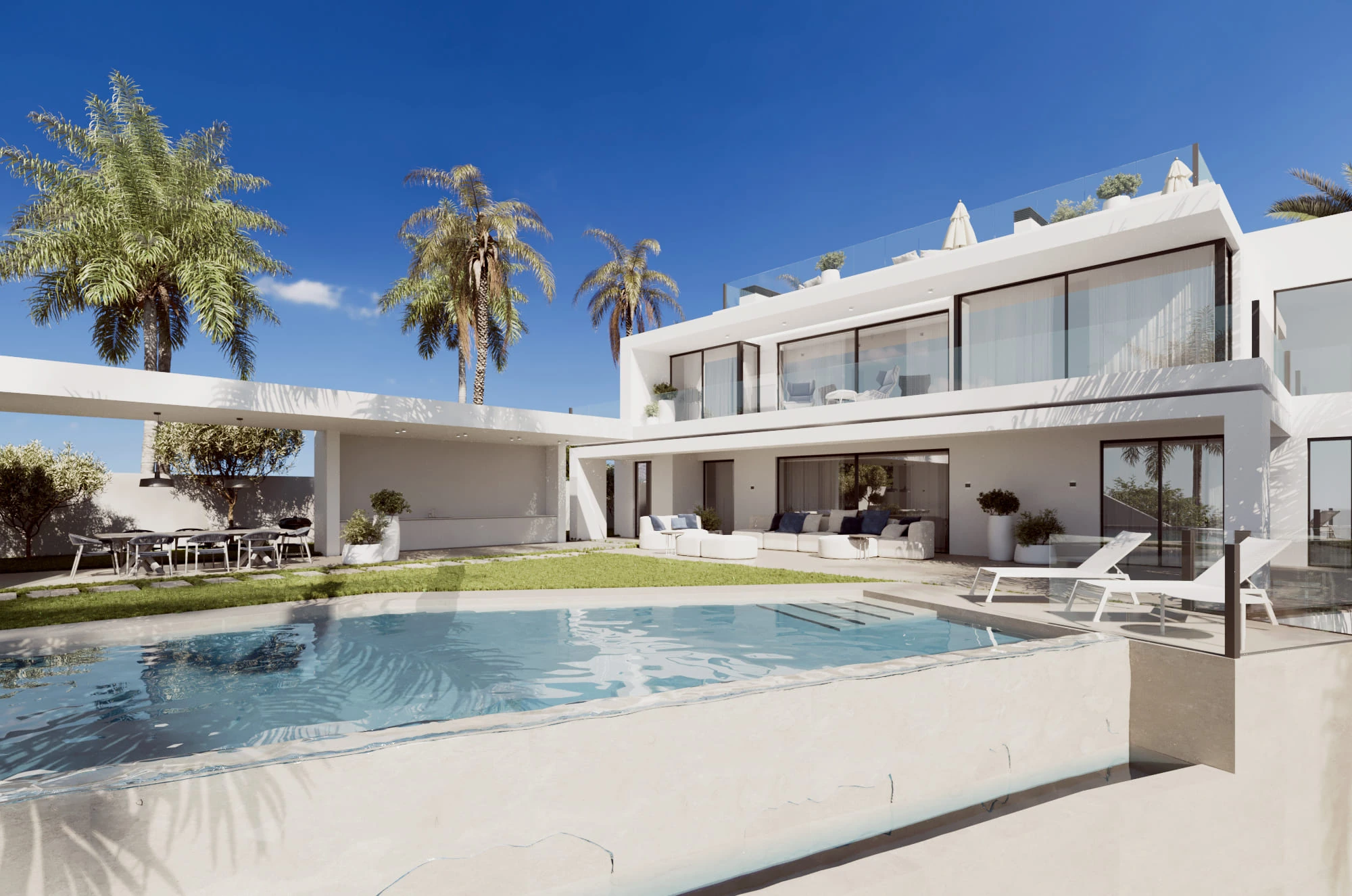 Piscina y fachada de la villa
