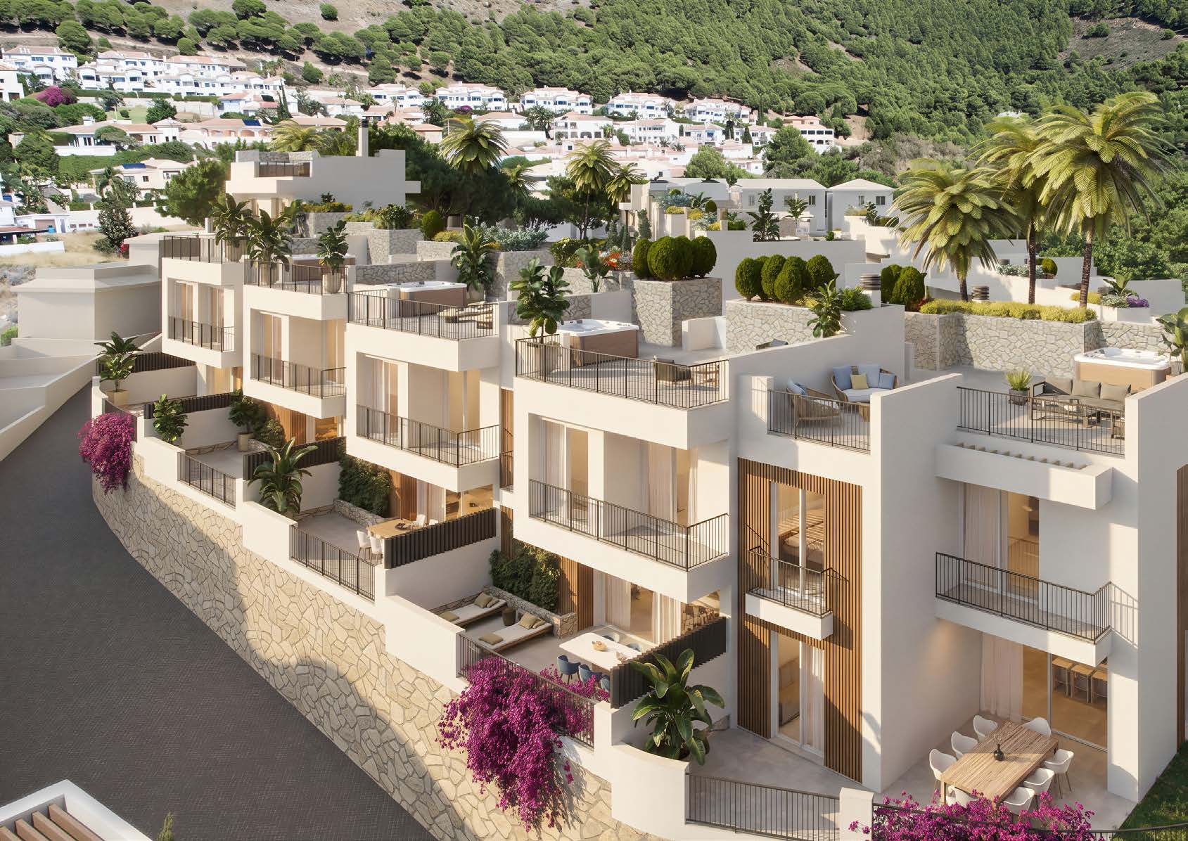 Vista aérea de las villas en terrazas de Mijas con Mijas al fondo