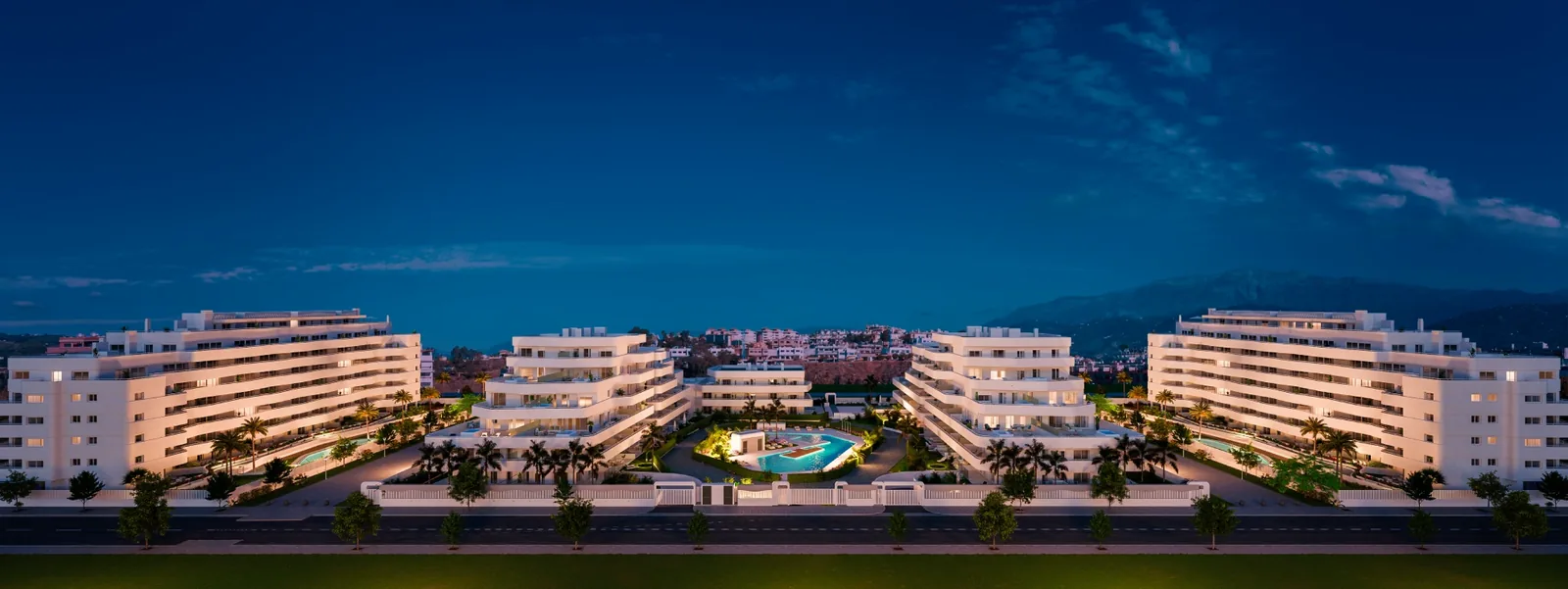 Conjunto residencial iluminado de noche