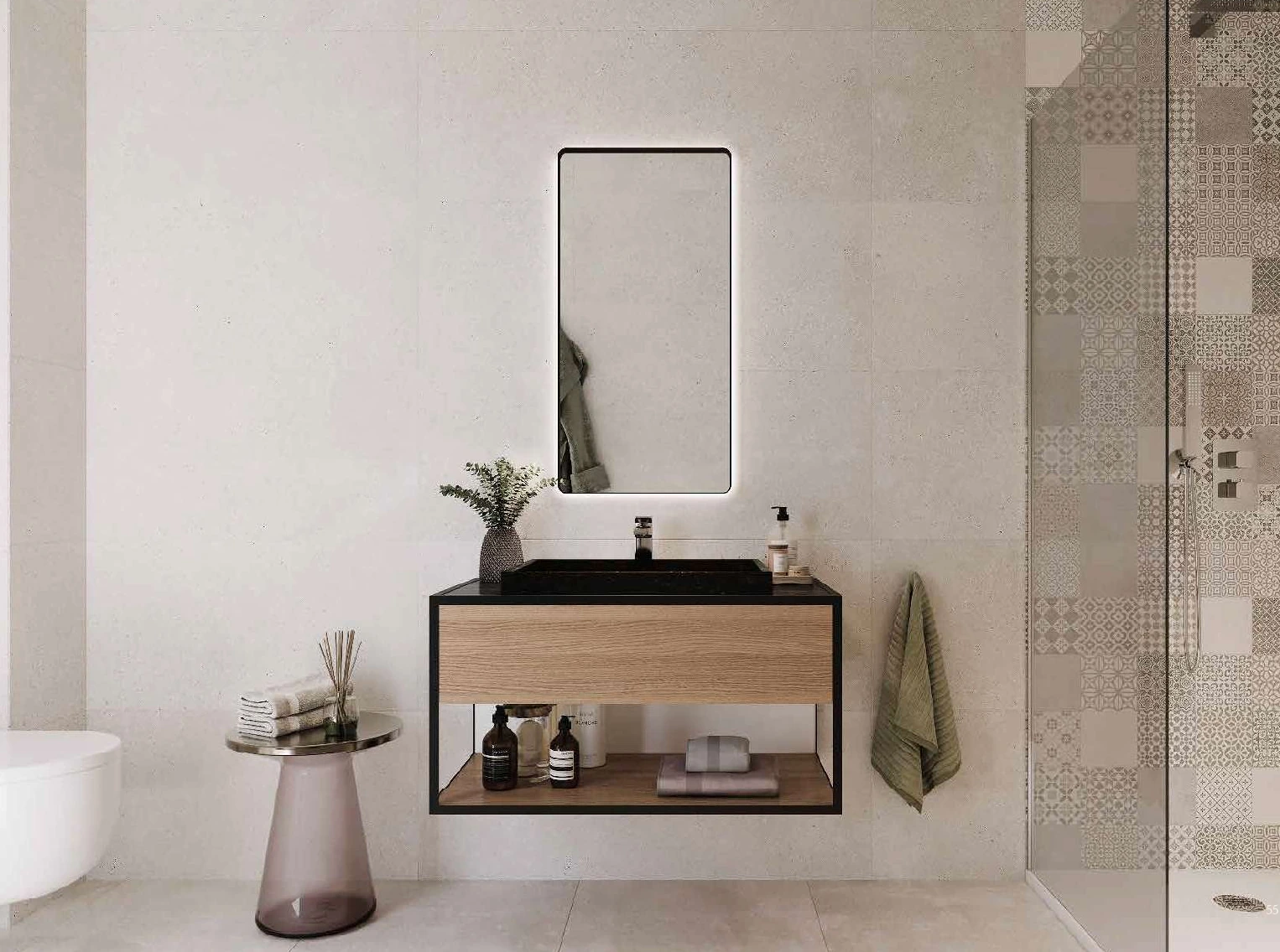 Baño de dormitorio con ducha y espejo vertical