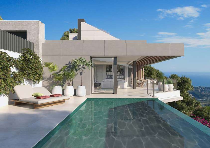 Piscina privada y porche orientados hacia el horizonte de Málaga