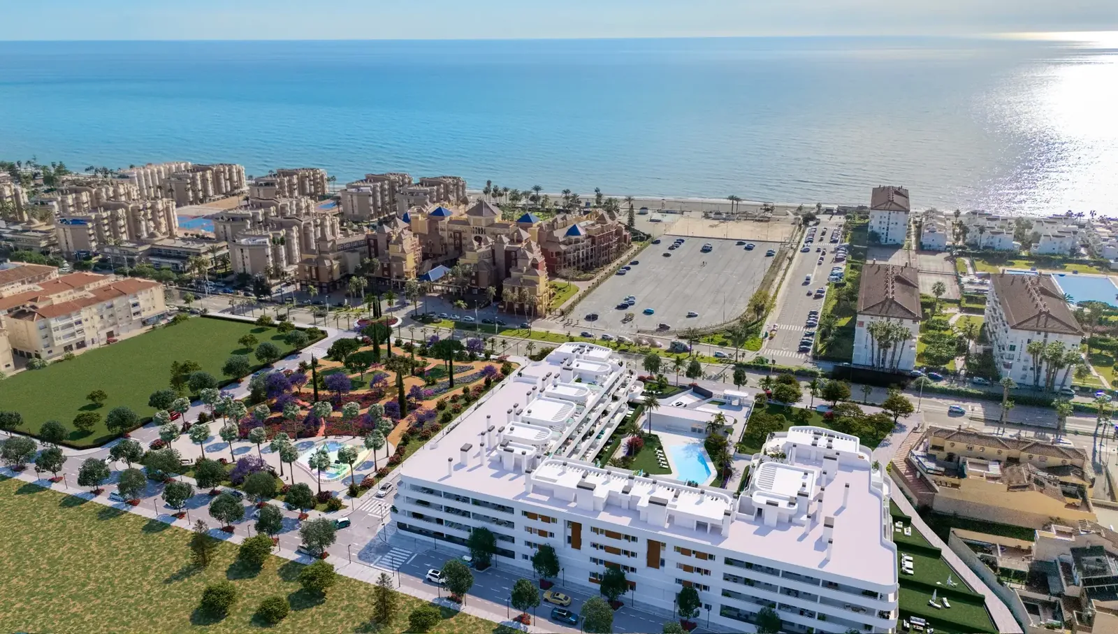 Vista aérea del residencial y el litoral de Torrox