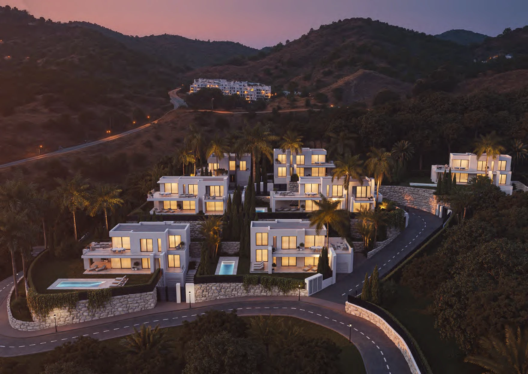 Villas iluminadas al atardecer