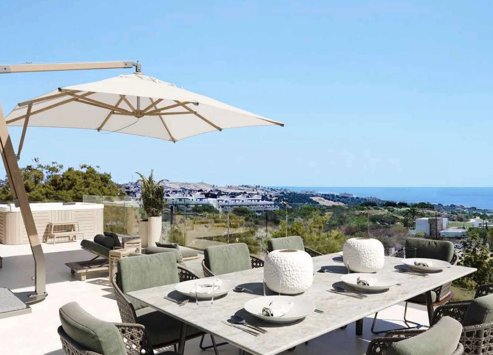 Terraza con comedor exterior y vistas al mar Mediterráneo