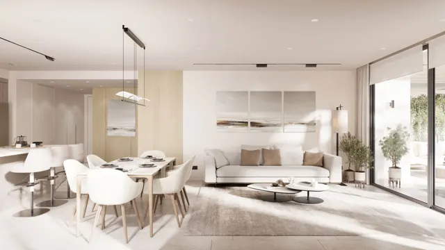 Salón comedor luminoso de tonos neutros