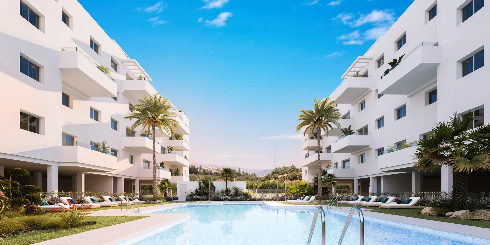 Fachada de las viviendas de obra nueva en Algarrobo Costa con piscina comunitaria