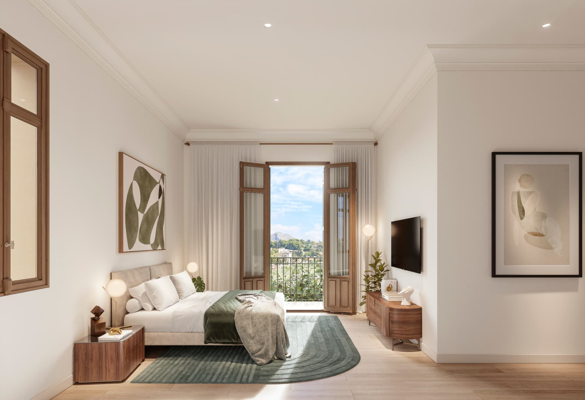 Dormitorio principal luminoso con balcón y vistas abiertas