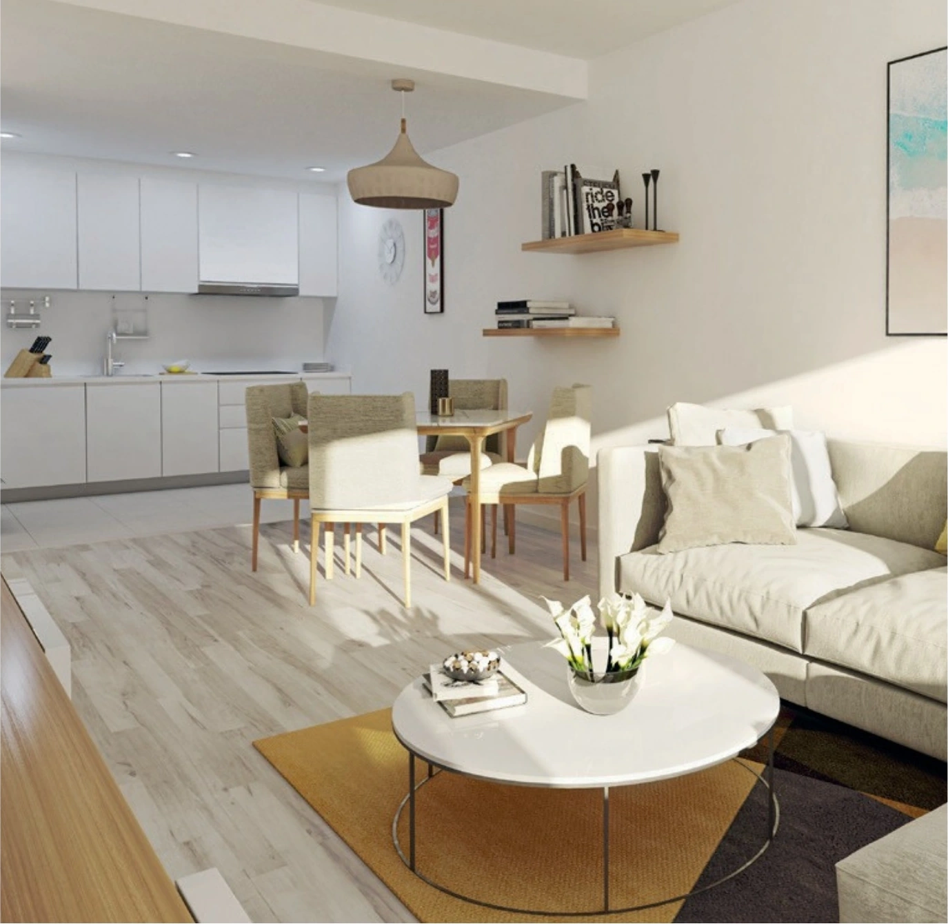 Cocina abierta y salón comedor de la vivienda