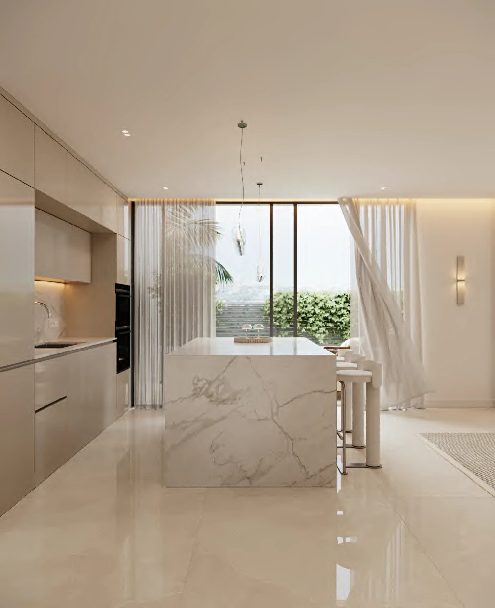 Cocina con encimera de mármol y luz natural