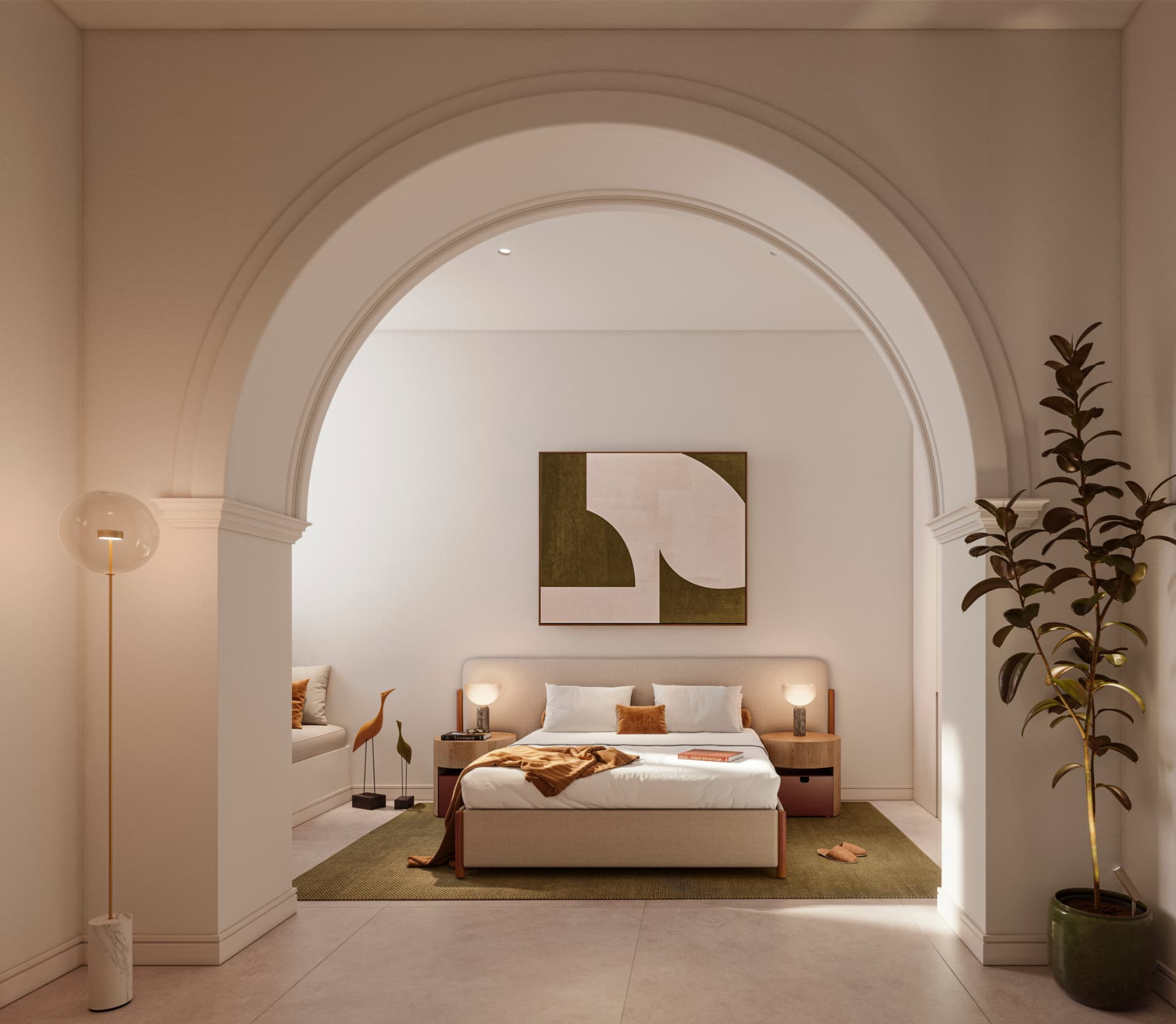 Dormitorio de planta baja enmarcado por un arco histórico