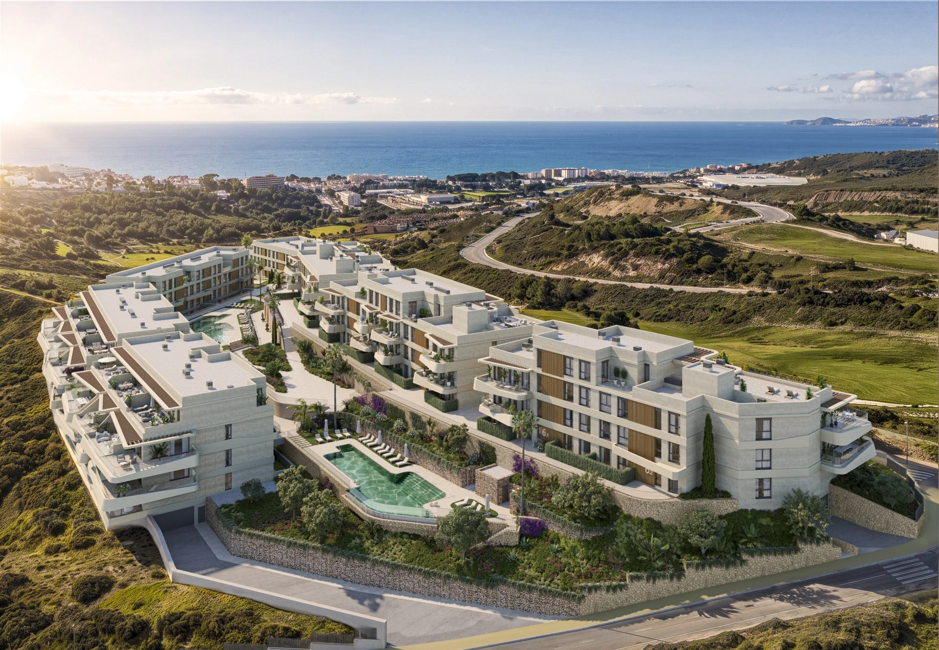 Vista aérea del residencial junto al golf en Estepona oeste