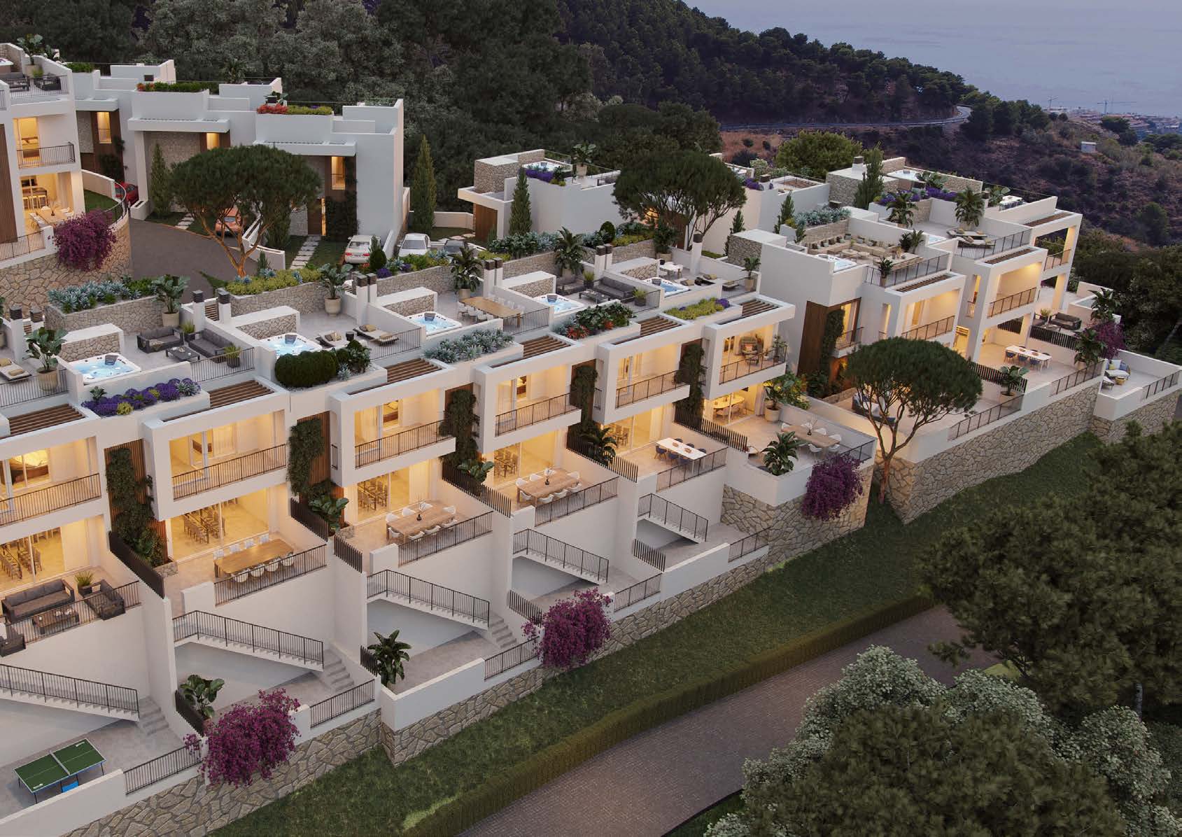 Vista aérea del conjunto de villas escalonadas sobre la ladera
