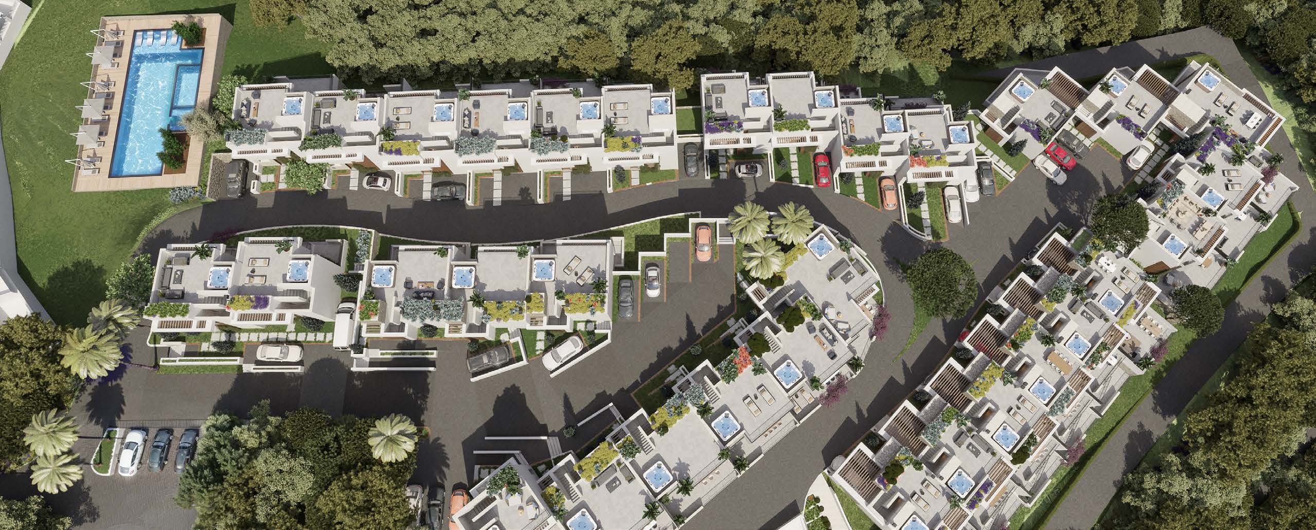 Vista cenital del conjunto de villas y sus jardines privados