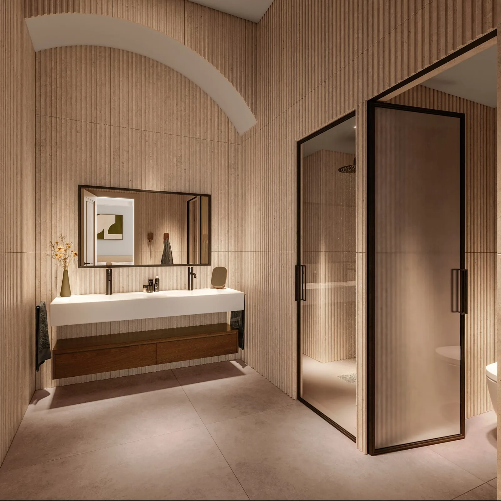 Baño de interior contemporáneo con acabados en madera y microcemento