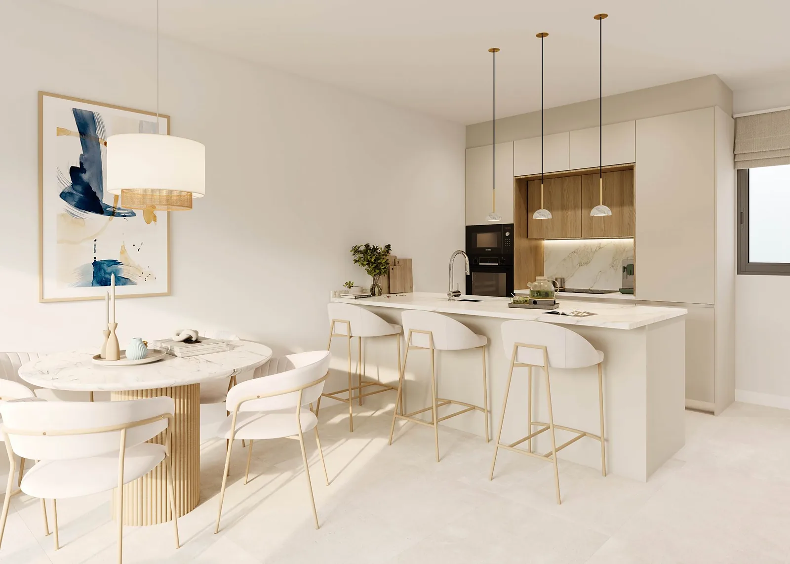 Cocina abierta de una vivienda fotografiada para su comercialización