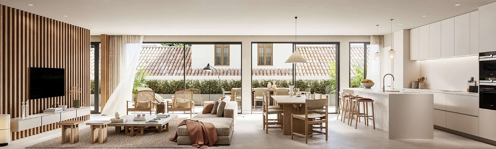 Salón y cocina abiertos grabados durante el recorrido en vídeo de una vivienda