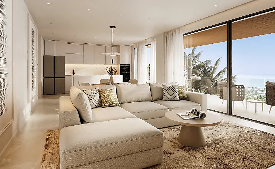 salón y cocina con salida a terraza en Emerald View
